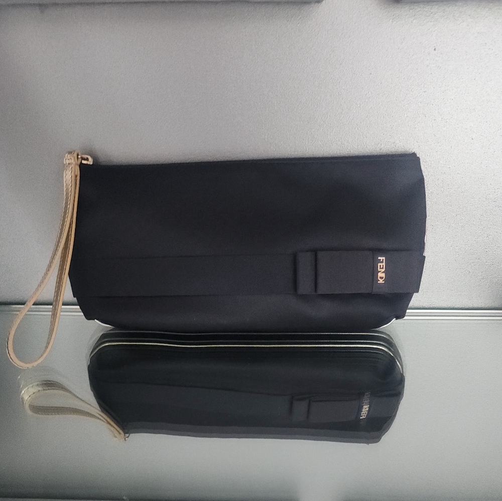 Fendi Black Satin Clutch Bag with Gold Leather Strap